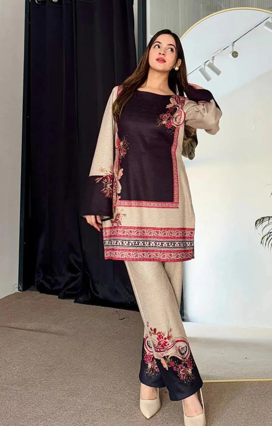 BEIGE BLACK SILK LAWN FUSION SET 2 pc