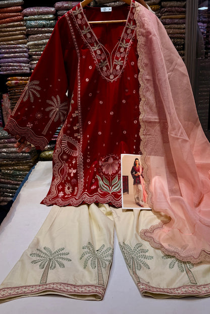 ETHNC KURTA SET 3PC E-103 BRICK RED