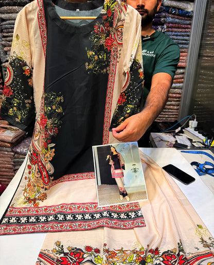 BEIGE BLACK SILK LAWN FUSION SET  2 pc