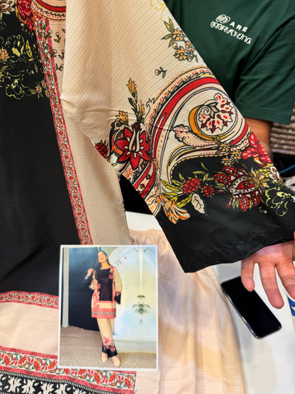 BEIGE BLACK SILK LAWN FUSION SET  2 pc