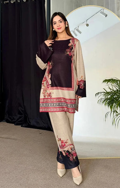 BEIGE BLACK SILK LAWN FUSION SET  2 pc