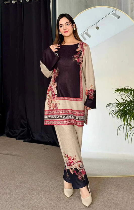 BEIGE BLACK SILK LAWN FUSION SET  2 pc