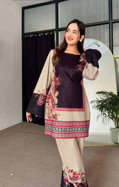 BEIGE BLACK SILK LAWN FUSION SET  2 pc